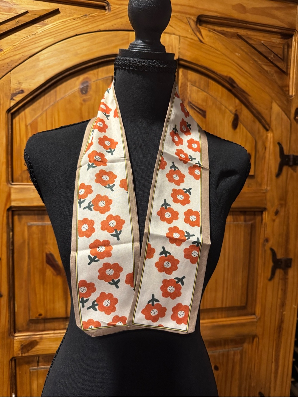 Floral Narrow Scarf in Orange and Cream